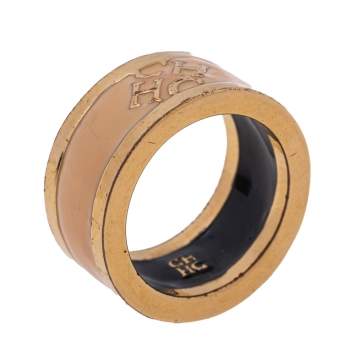 Pre Owned CH Carolina Herrera Cream Enamel Gold Tone Band Ring Size 56