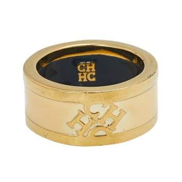 Pre Owned CH Carolina Herrera Cream Enamel Gold Tone Band Ring Size EU 55