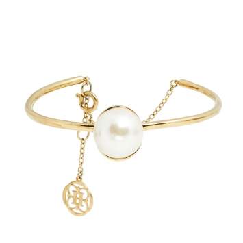 Pre Owned CH Carolina Herrera Faux Pearl Gold Tone Cuff Bracelet