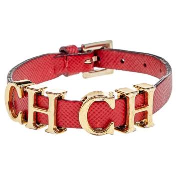 Pre Owned CH Carolina Herrera Red Leather Logo Charm Wrap Bracelet