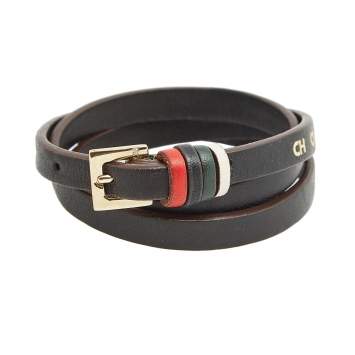 Pre Owned CH Carolina Herrera Brown Leather Gold Tone Wrap Bracelet