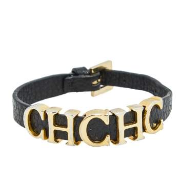 Pre Owned CH Carolina Herrera Black Leather Gold Tone Adriana Bracelet