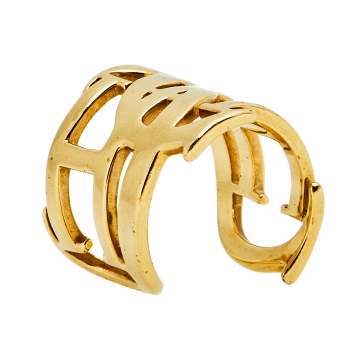 Pre Owned CH Carolina Herrera Gold Tone Logo Open Cuff Ring Size EU 6.5