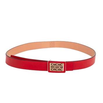 Pre Owned CH Carolina Herrera Red Leather Logo Plague Belt 90CM