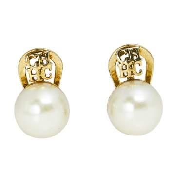 Pre Owned CH Carolina Herrera Faux Pearl Gold Tone Logo Earrings