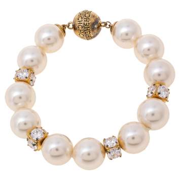Pre Owned Carolina Herrera CH Faux Pearl Crystals Gold Tone Metal Bracelet