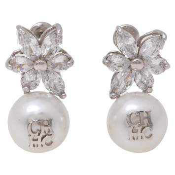 Pre Owned Carolina Herrera Crystal Jasmine Faux Pearl Sterling Silver Drop Earrings