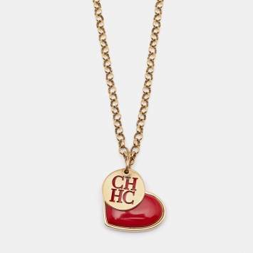 Pre Owned CH Carolina Herrera Gold Tone Red Enamel Heart Pendant Necklace