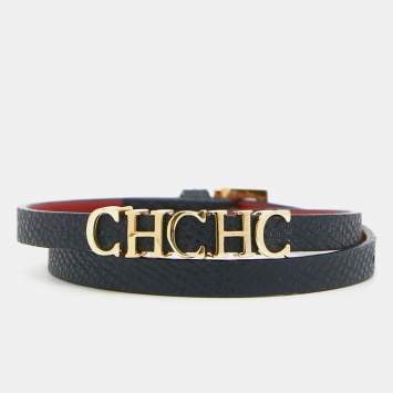 Pre Owned CH Carolina Herrera Navy Blue Leather Double Wrap Bracelet 