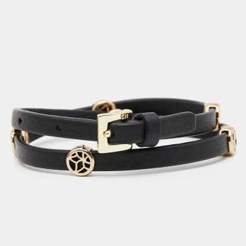 Pre Owned Carolina Herrera CH Leather Gold Tone Metal Bracelet 