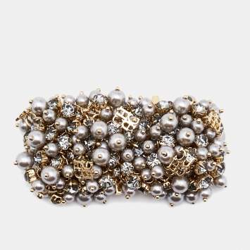 Pre Owned CH  Carolina Herrera CH Grey Faux Pearl Crystals Gold Tone Metal Bracelet