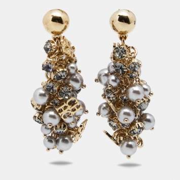 Pre Owned  CH Carolina Herrera CH Grey Faux Pearl Crystal Gold Tone Metal Dangle Earrings