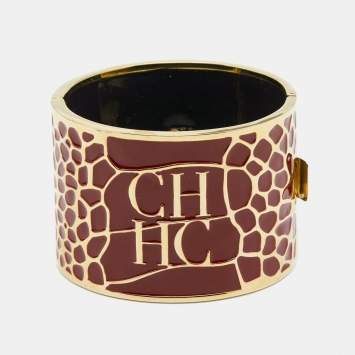Pre Owned CH Carolina Herrera Red Enamel Logo Wide Cuff Bracelet