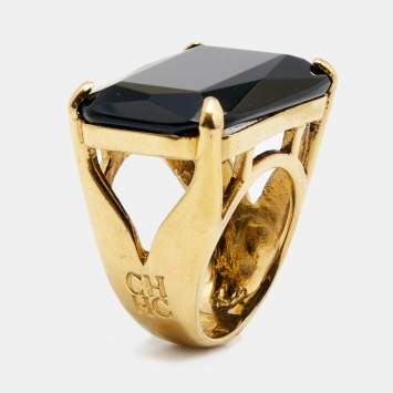 Pre Owned CH Carolina Herrera Opaque Black Faceted Stone Gold Tone Ring Size 55