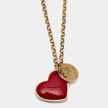 Pre Owned Carolina Herrera CH Logo Red Enamel Gold Tone Heart Pendant Necklace