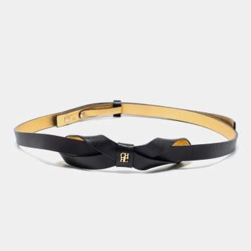 Pre Owned CH Carolina Herrera Black Leather Bow Slim Belt 90CM