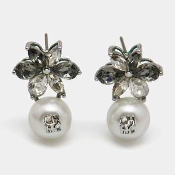 Pre Owned Carolina Herrera Grey Crystal Jasmine Faux Pearl Drop Earrings