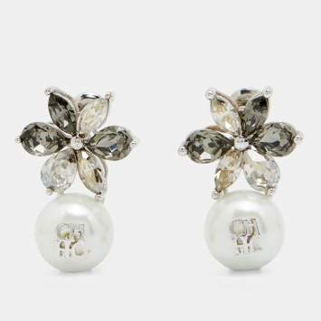 Pre Owned CH Carolina Herrera Crystal Pearl Drop Jasmine Earrings