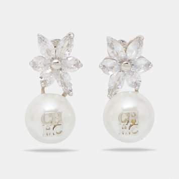 Pre Owned Carolina Herrera CH Crystal Jasmine Faux Pearl Sterling Silver Drop Earrings