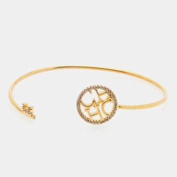 Pre Owned Carolina Herrera CH Key Logo Crystals Gold Tone Open Cuff Bracelet
