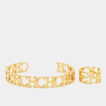 Pre Owned CH Carolina Herrera Gold Tone Between The Line Bracelet & Ring Set