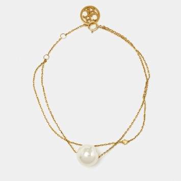 Pre Owned Carolina Herrera Crystal Faux Pearl Gold Tone Sterling Silver Bracelet