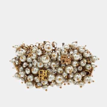 Pre Owned CH Carolina Herrera CH Crystal Faux Pearl Gold Tone Wide Bracelet 