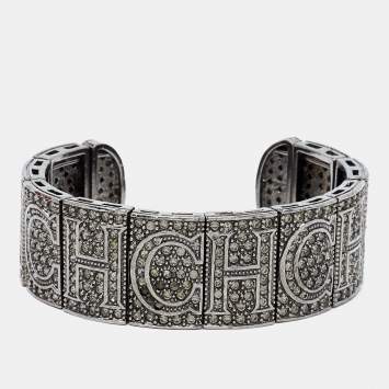 Pre Owned CH Carolina Herrera Crystal Logo Gunmetal Tone Open Cuff Bracelet