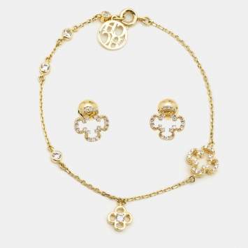 Pre Owned CH Carolina Herrera Gold Tone Petite Rosetta Insignia Bracelet & Earrings Set