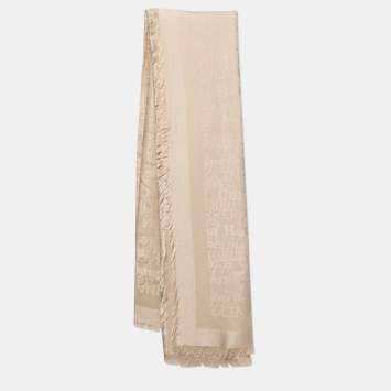 Pre Owned CH Carolina Herrera Beige Logo Font Pattern Silk & Wool Shawl