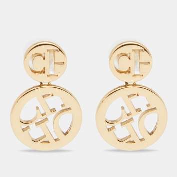 Pre Owned CH Carolina Herrera Gold Tone Logo Initials Dots Drop Earrings