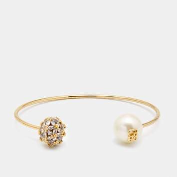 Pre Owned CH Carolina Herrera CH Crystals Faux Pearl Gold Tone Bracelet
