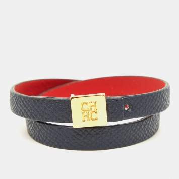 Pre Owned CH Carolina Herrera Black Leather Double Wrap Bracelet