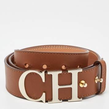 Pre Owned CH Carolina Herrera Brown Leather CH Logo Waist Belt 80 CM