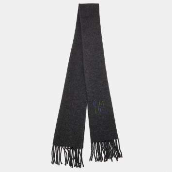 Pre Owned CH Carolina Herrera Charcoal Grey Wool Fringed Scarf