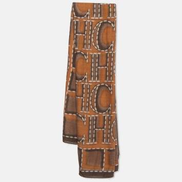 Pre Owned CH Carolina Herrera Brown Logo Print Cashmere Blend Scarf 