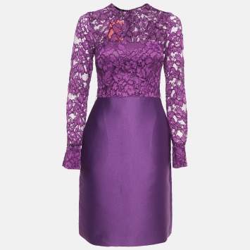 Pre Owned CH Carolina Herrera Purple Lace and Satin Short Dress XS