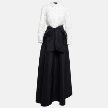 Pre Owned CH Carolina Herrera White/Black Lace Belted Maxi Dress M