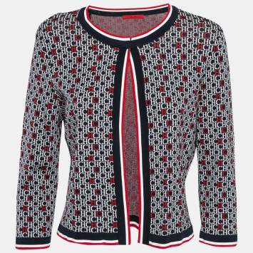 مملوكة مسبقًا CH Carolina Herrera Navy Blue Monogram Knit Open Front Cardigan L