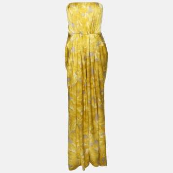 Pre Owned CH Carolina Herrera Yellow Printed Silk Strapelss Long Dress S