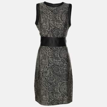 Pre Owned CH Carolina Herrera Monochrome Jacquard Fabric Midi Sleeveless Dress M