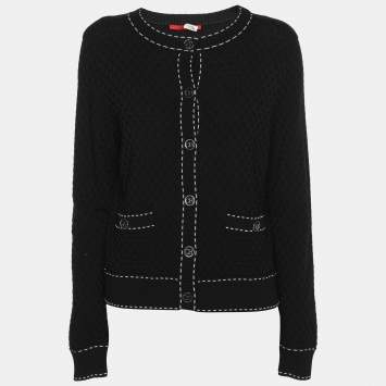 Pre Owned CH Carolina Herrera Black Knit Button Front Top S
