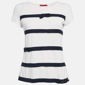 Pre Owned CH Carolina Herrera White/Blue Striped Cotton Bow Details T-Shirt S