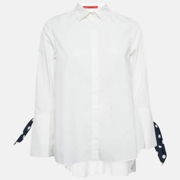 Pre Owned CH Carolina Herrera White Cotton Polka Dot Cuff Tie-Up Shirt S