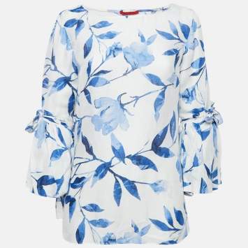 Pre Owned CH Carolina Herrera White Floral Print Flounce Sleeve Top M