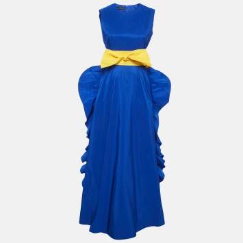 Pre Owned CH Carolina Herrera Blue Synthetic Waist Tie-Up Detail Sleeveless Gown M