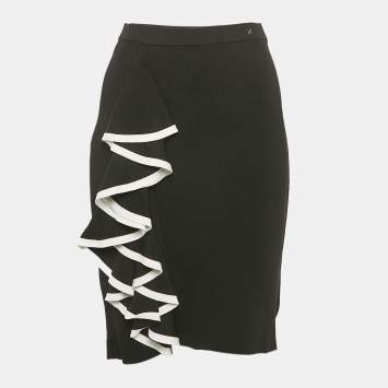 Pre Owned CH Carolina Herrera Black Stretch Knit Ruffled Pencil Skirt XS