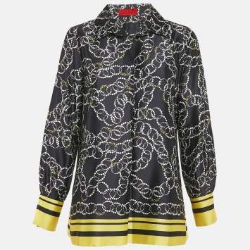 Pre Owned CH Carolina Herrera Navy Blue Printed Satin Blouse M