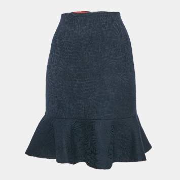 Pre Owned CH Carolina Herrera Navy Blue Jacquard Wool Short Skirt M