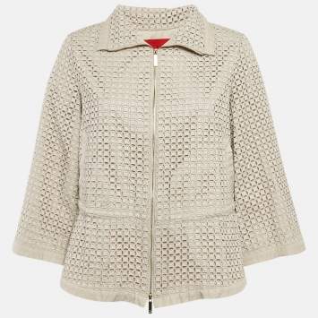 Pre Owned CH Carolina Herrera Beige Broderie Anglaise Eyelet Synthetic Zip-Up Jacket S